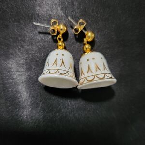 Vintage AVON Porcelain White and Gold Bell Drop Earrings for Women